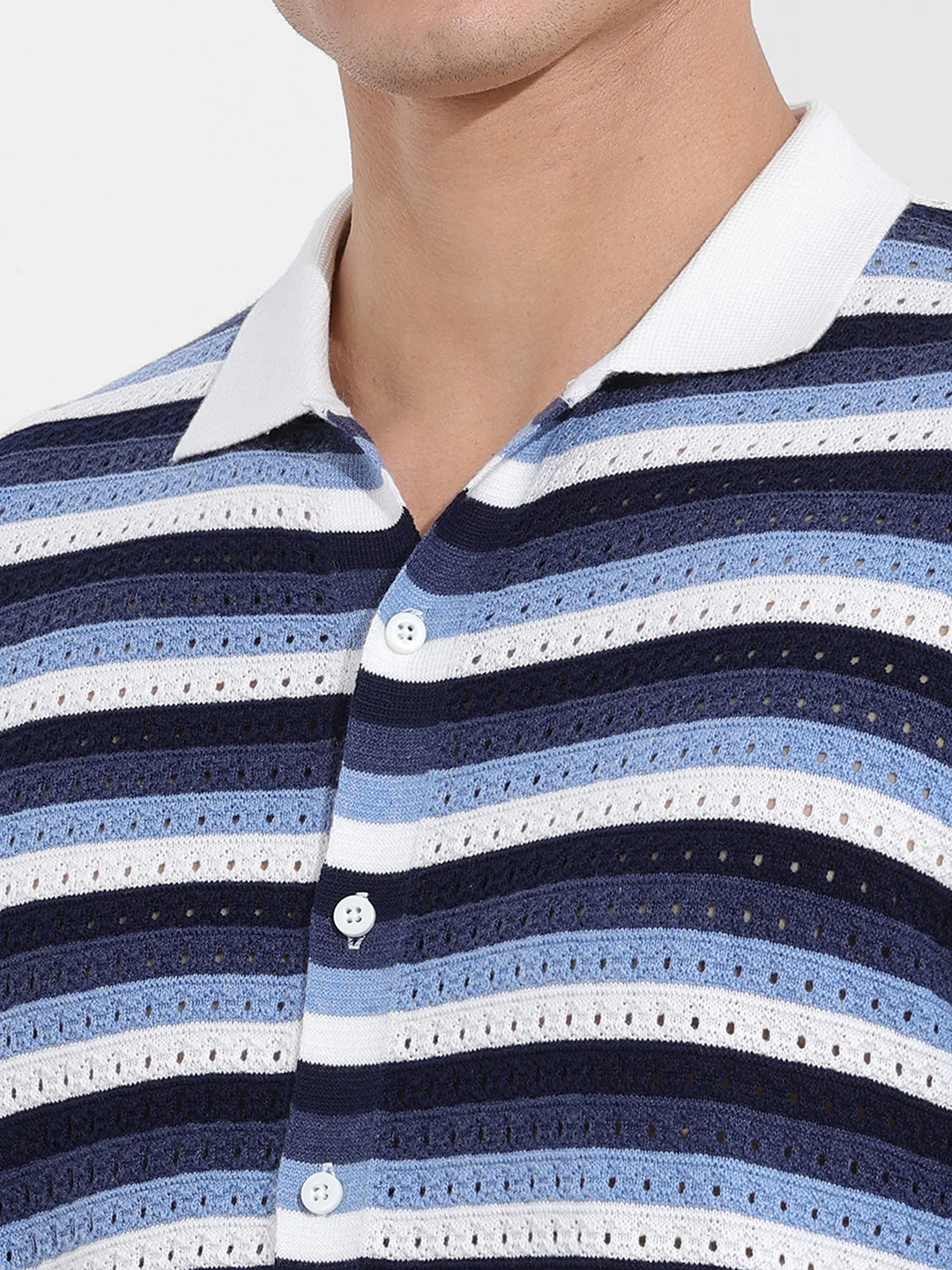 Men's Blue Slim Fit Striped Flat Knit Shirt - Image 3
