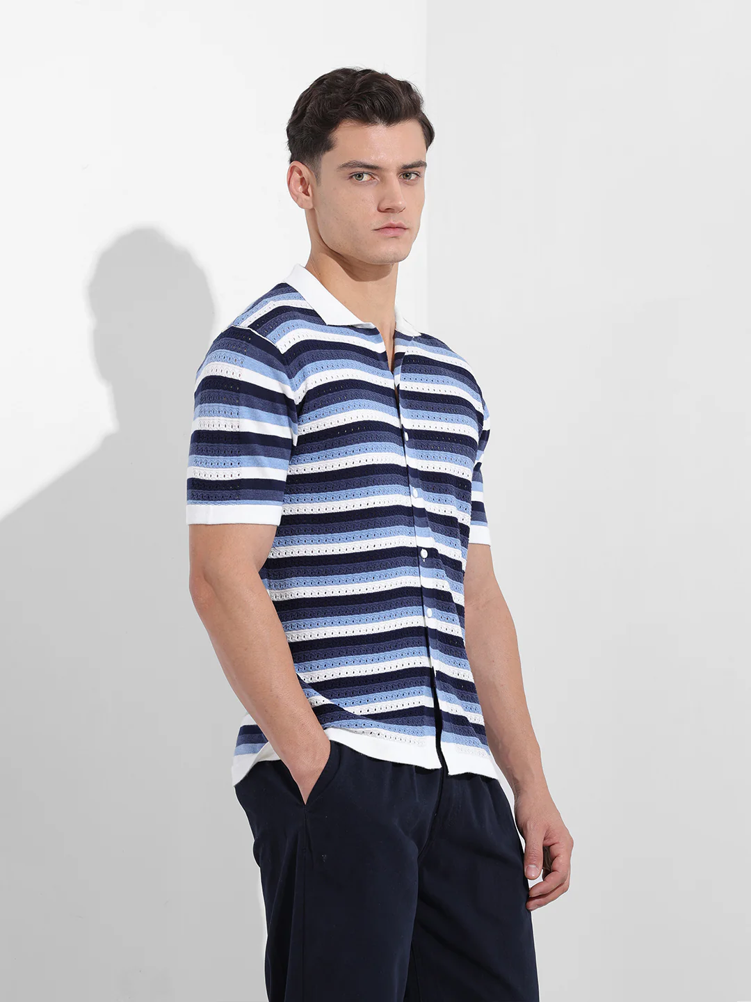 Men's Blue Slim Fit Striped Flat Knit Shirt - Image 4