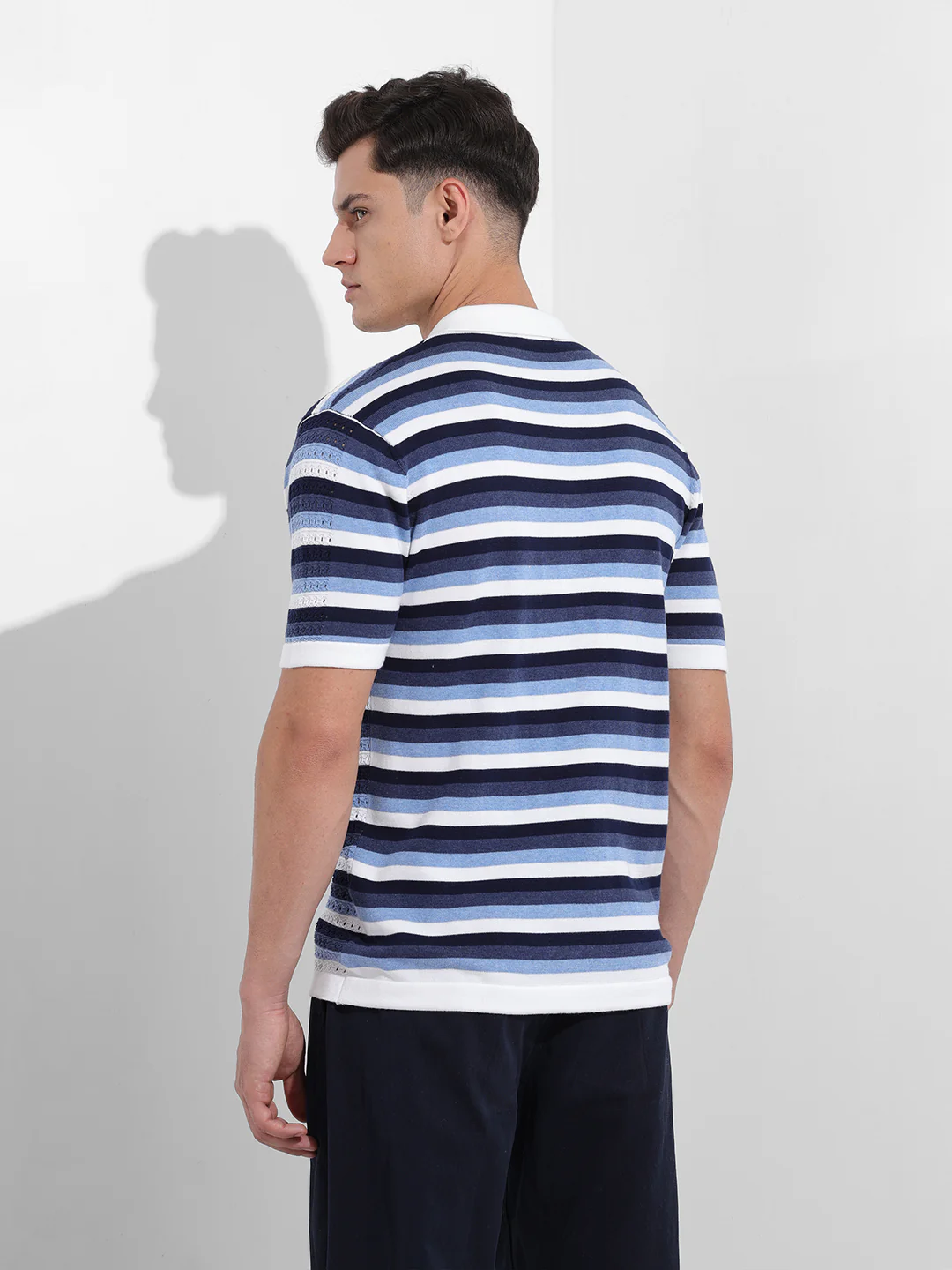 Men's Blue Slim Fit Striped Flat Knit Shirt - Image 5