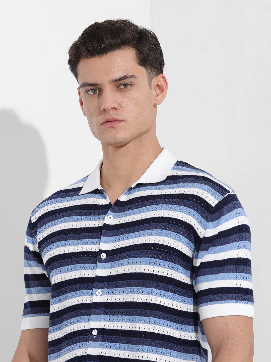 Men's Blue Slim Fit Striped Flat Knit Shirt - Image 6