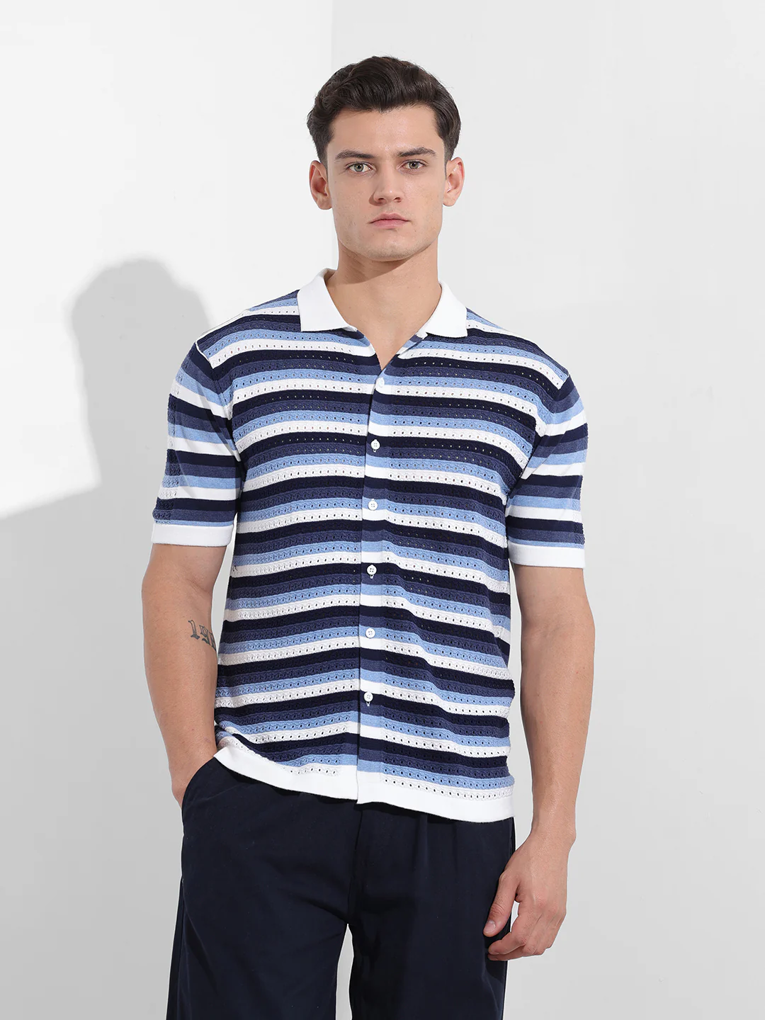 Men's Blue Slim Fit Striped Flat Knit Shirt - Image 7