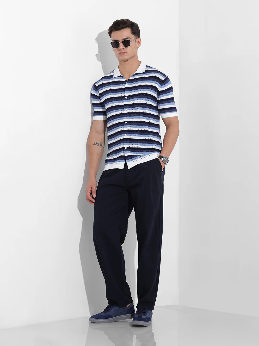 Men's Blue Slim Fit Striped Flat Knit Shirt - Image 8