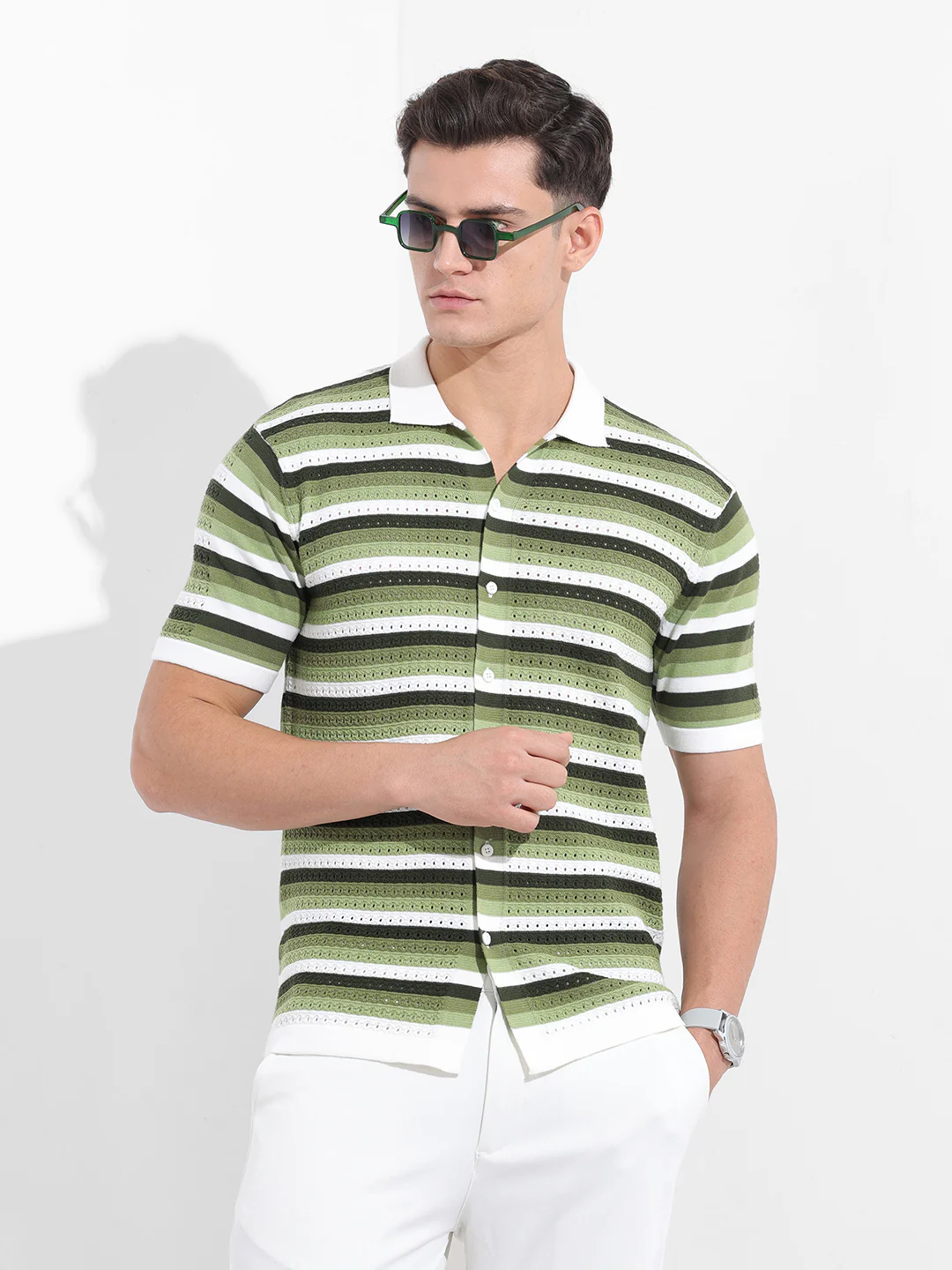 Men's Green Slim Fit Striped Flat Knit Shirt - Image 2