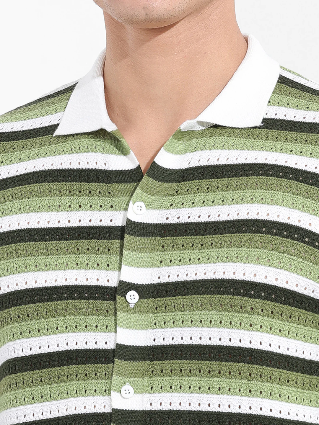Men's Green Slim Fit Striped Flat Knit Shirt - Image 3