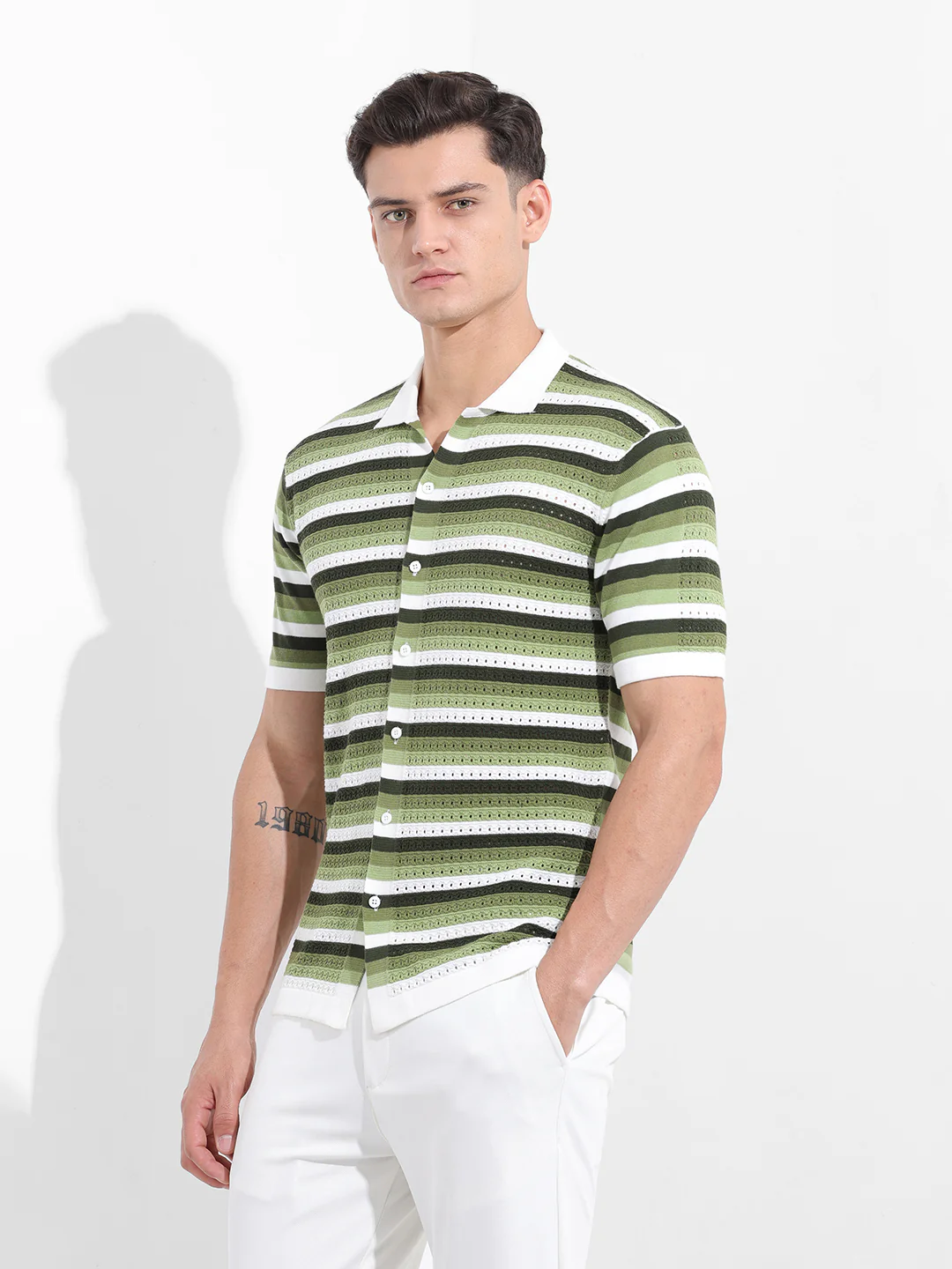 Men's Green Slim Fit Striped Flat Knit Shirt - Image 4