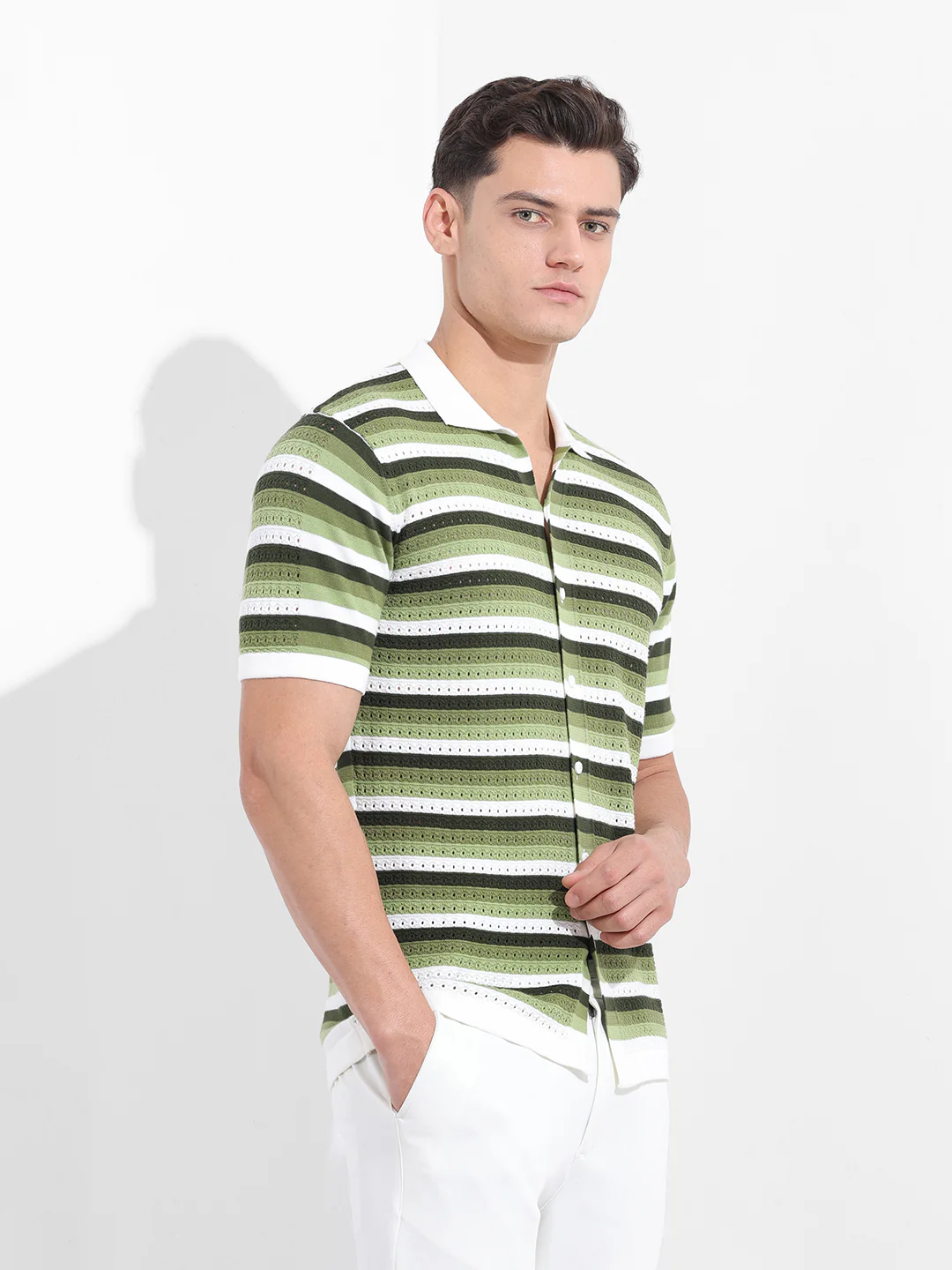 Men's Green Slim Fit Striped Flat Knit Shirt - Image 5