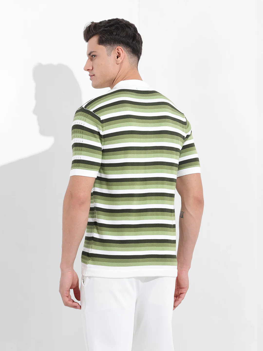 Men's Green Slim Fit Striped Flat Knit Shirt - Image 6