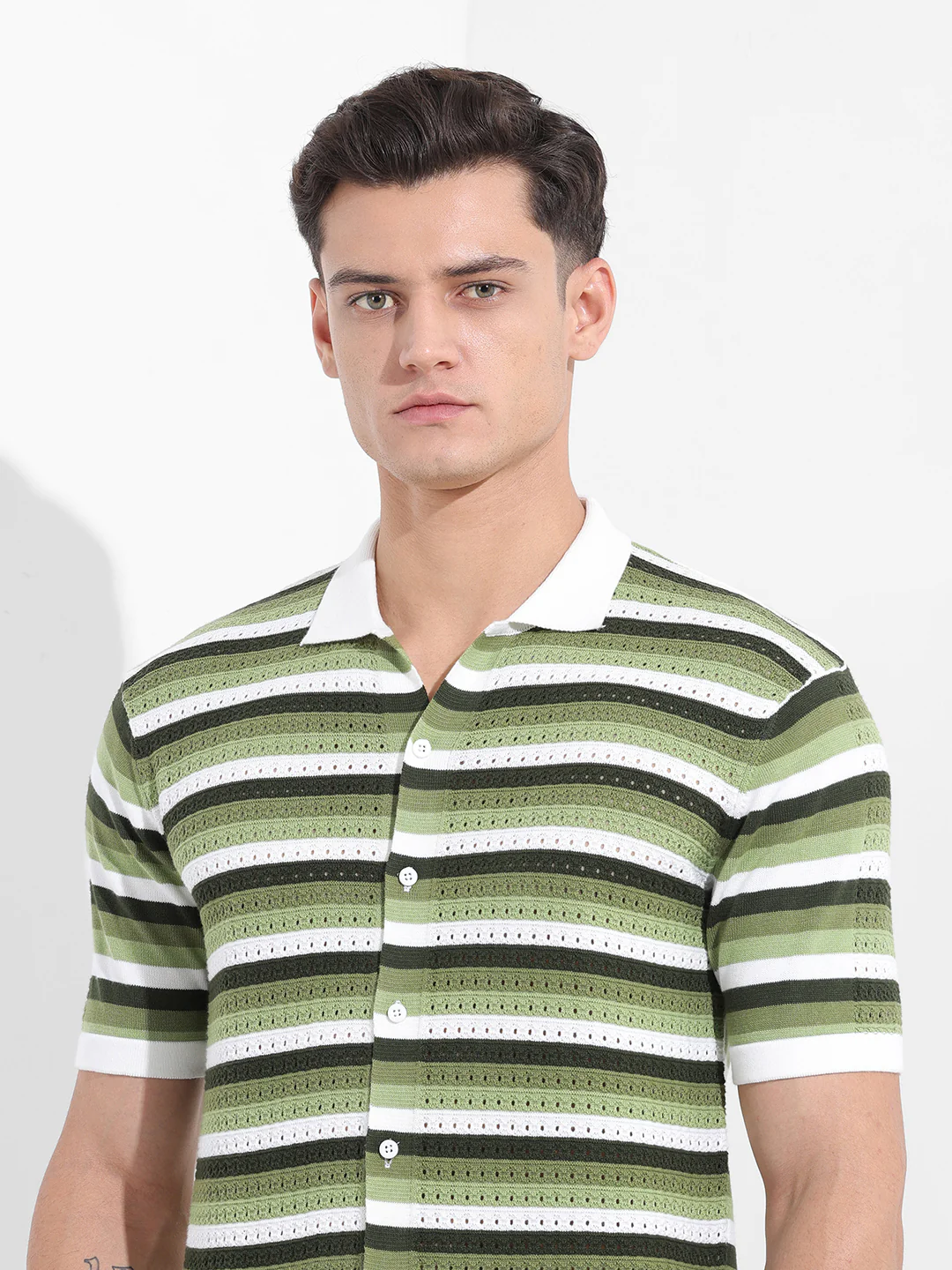 Men's Green Slim Fit Striped Flat Knit Shirt - Image 7