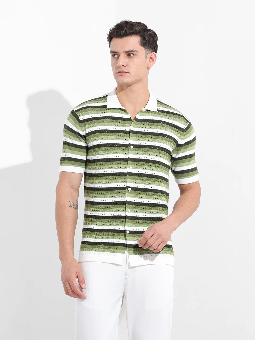 Men's Green Slim Fit Striped Flat Knit Shirt - Image 8