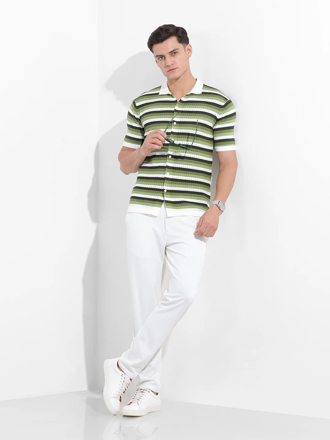 Men's Green Slim Fit Striped Flat Knit Shirt - Image 9