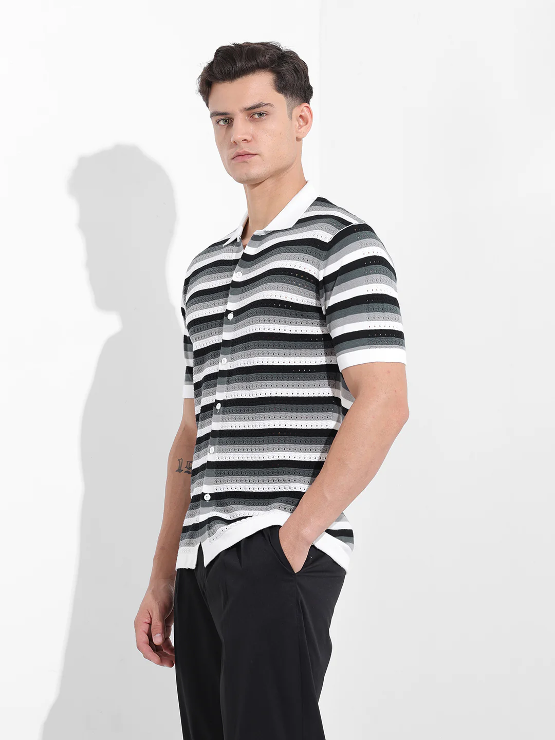 Men's Grey Slim Fit Striped Flat Knit Shirt - Image 2