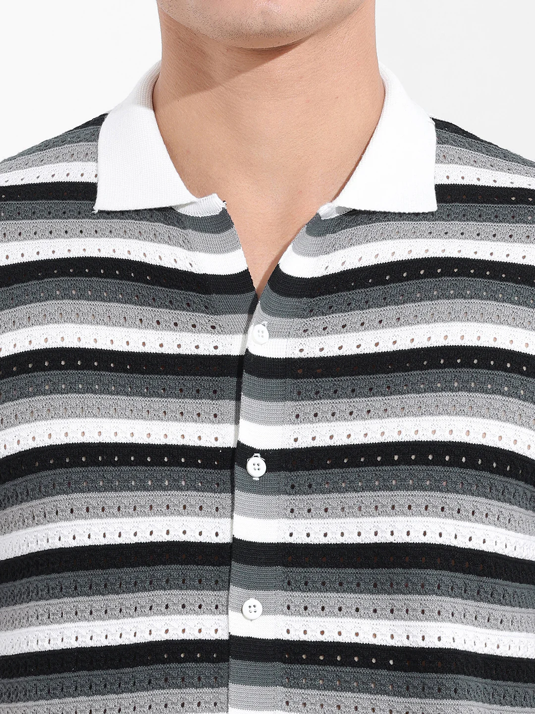 Men's Grey Slim Fit Striped Flat Knit Shirt - Image 3
