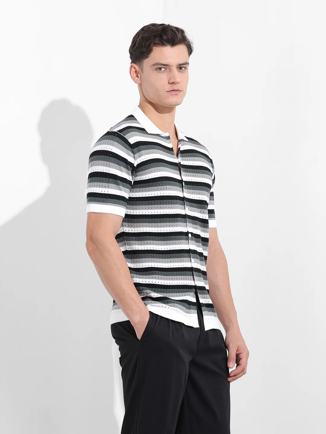 Men's Grey Slim Fit Striped Flat Knit Shirt - Image 4