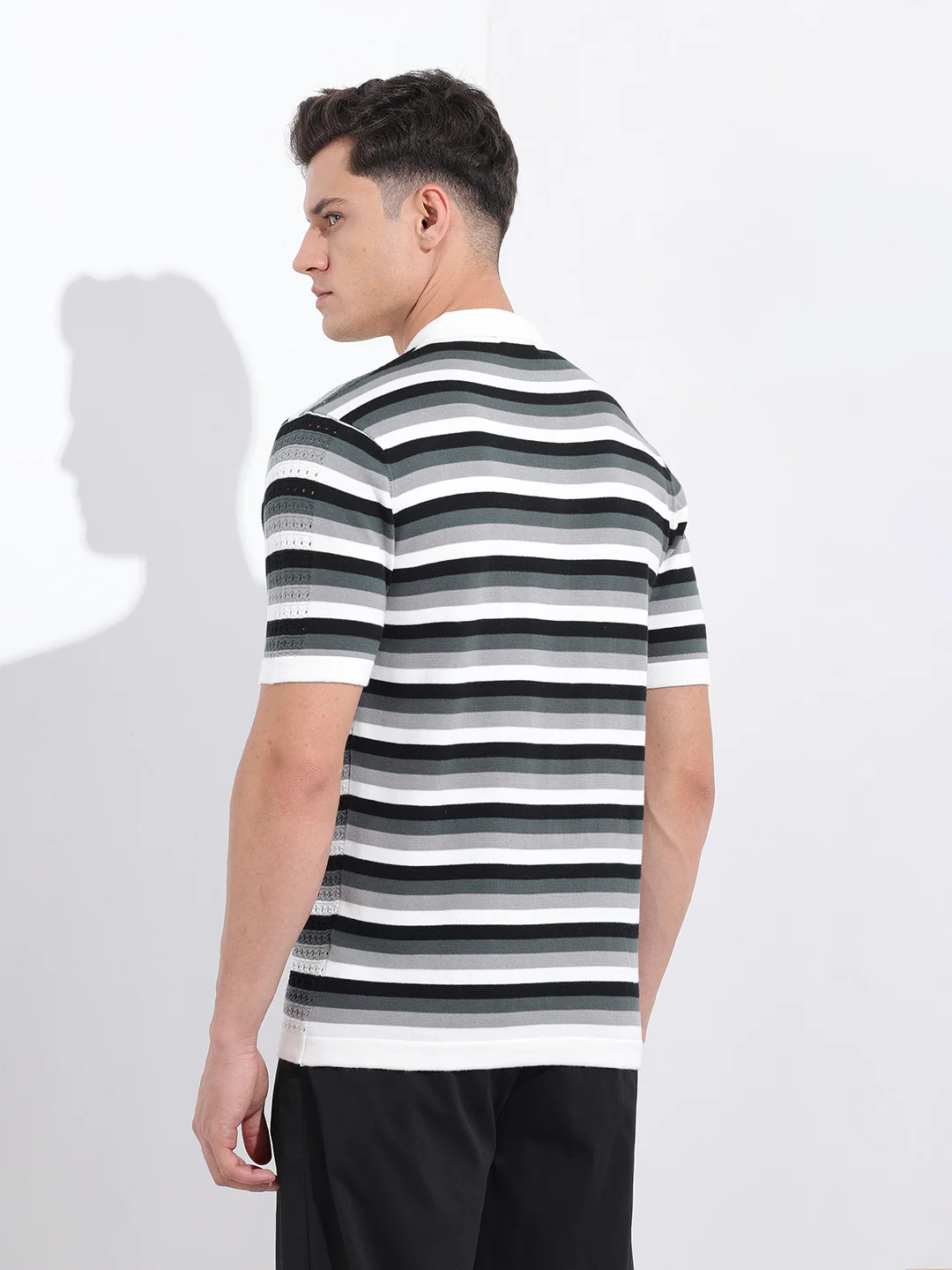 Men's Grey Slim Fit Striped Flat Knit Shirt - Image 5