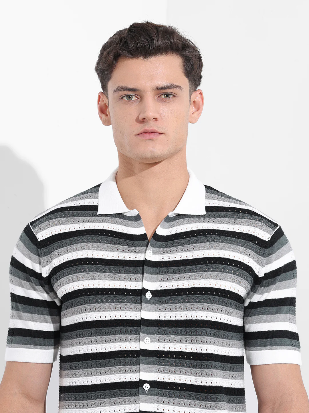 Men's Grey Slim Fit Striped Flat Knit Shirt - Image 6