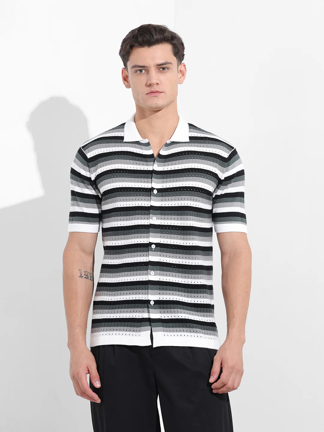 Men's Grey Slim Fit Striped Flat Knit Shirt - Image 7
