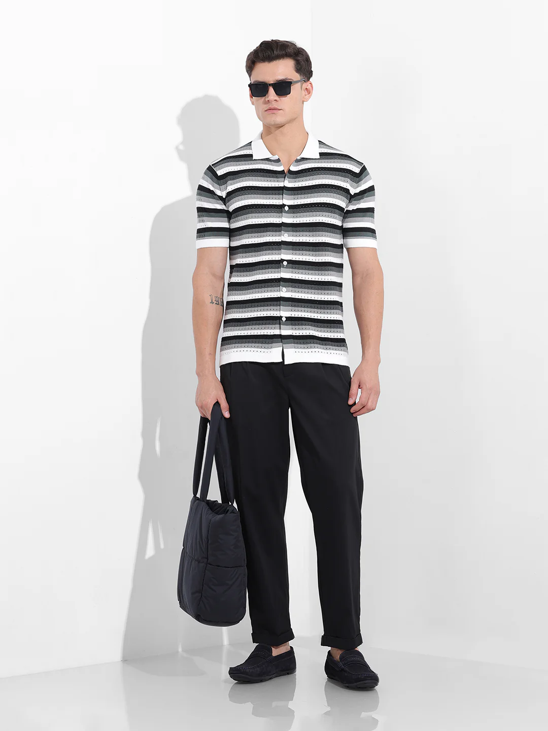 Men's Grey Slim Fit Striped Flat Knit Shirt - Image 8
