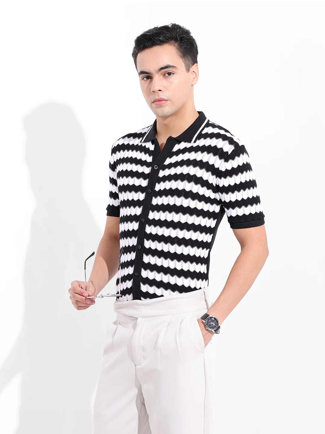Men's Black Slim Fit Striped Flat Knit Shirt - Image 2