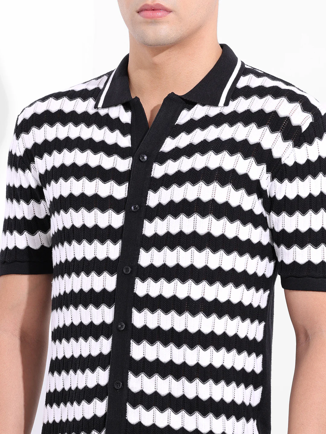 Men's Black Slim Fit Striped Flat Knit Shirt - Image 3