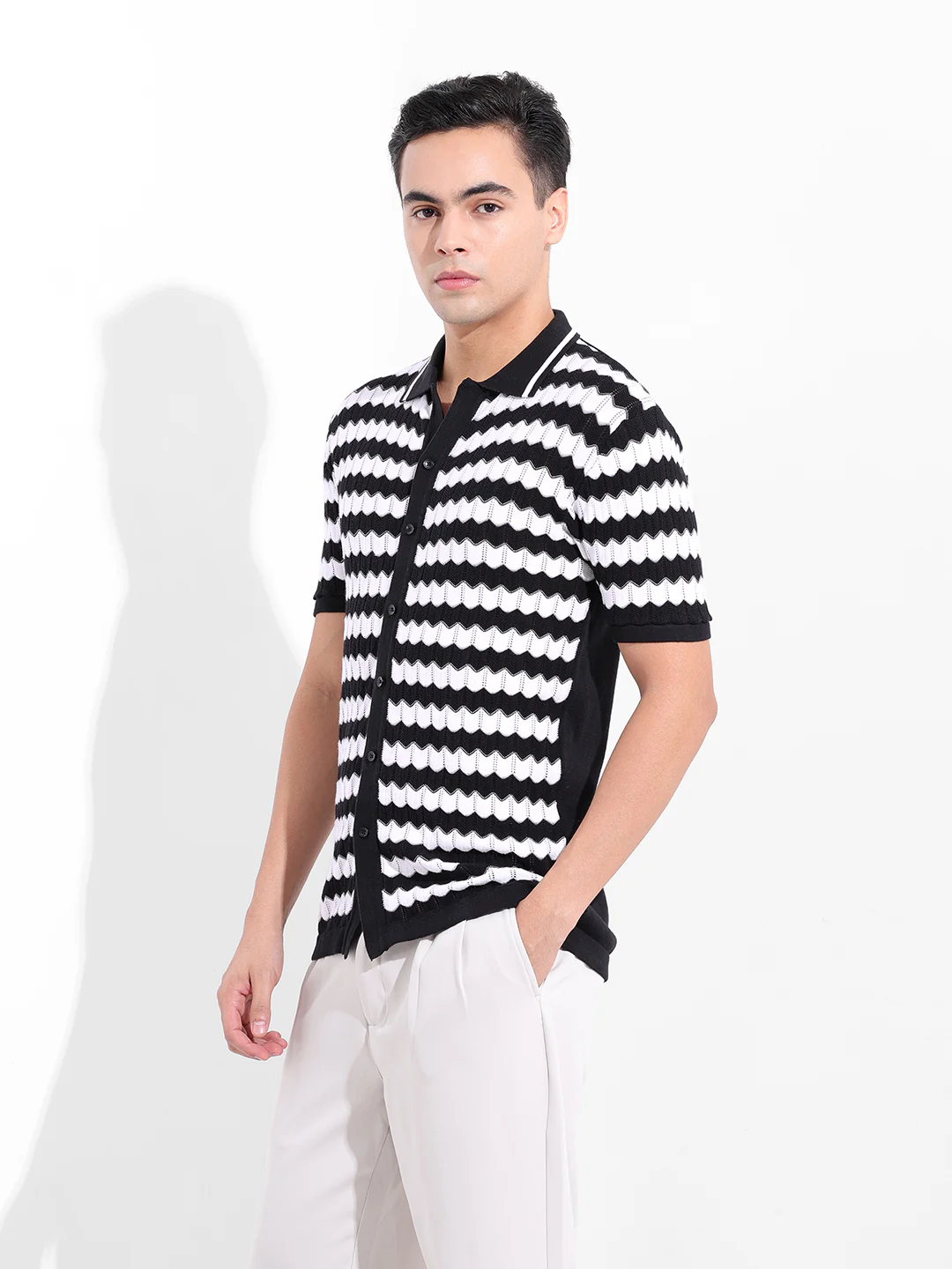 Men's Black Slim Fit Striped Flat Knit Shirt - Image 4