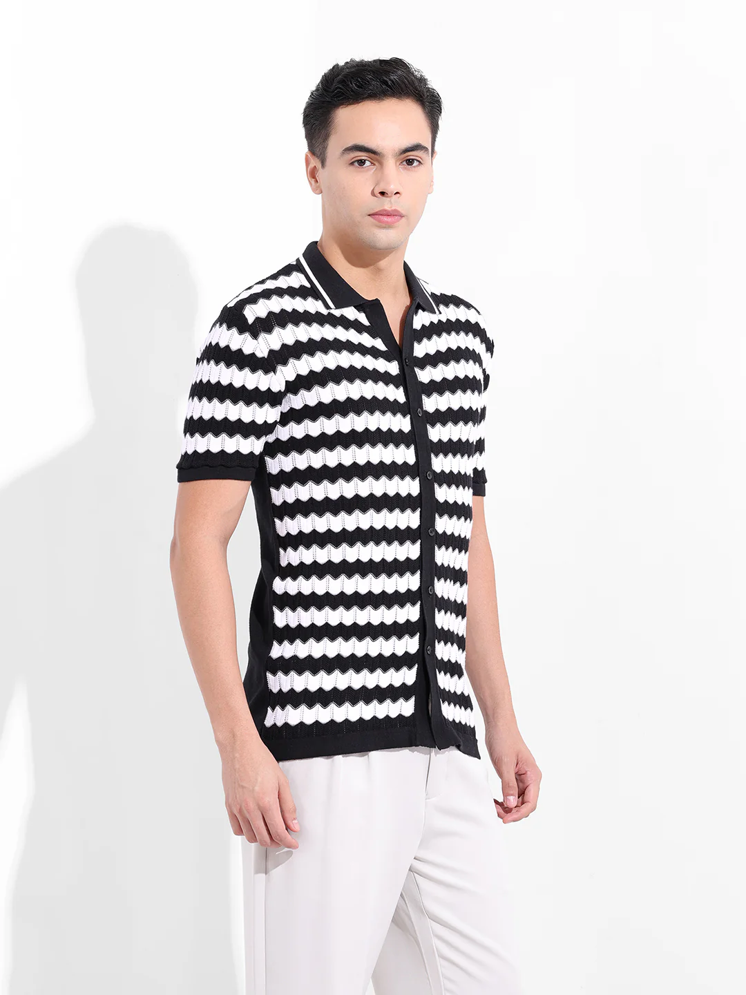 Men's Black Slim Fit Striped Flat Knit Shirt - Image 5