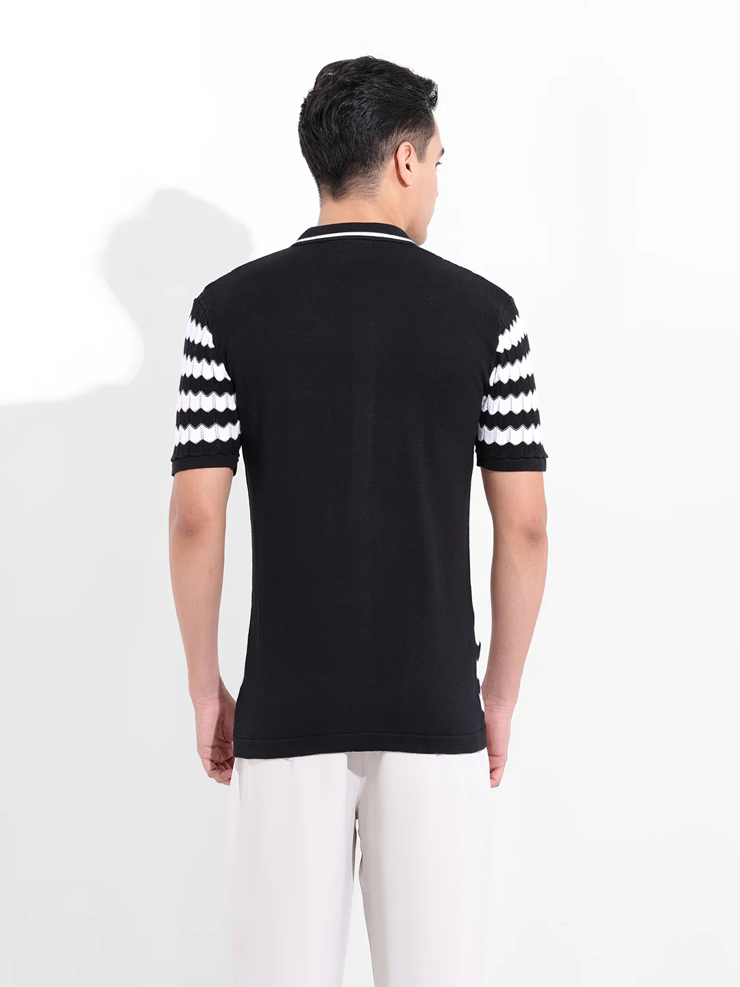 Men's Black Slim Fit Striped Flat Knit Shirt - Image 6