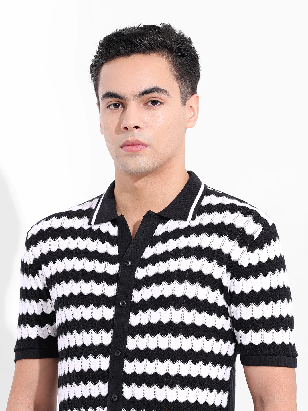 Men's Black Slim Fit Striped Flat Knit Shirt - Image 7