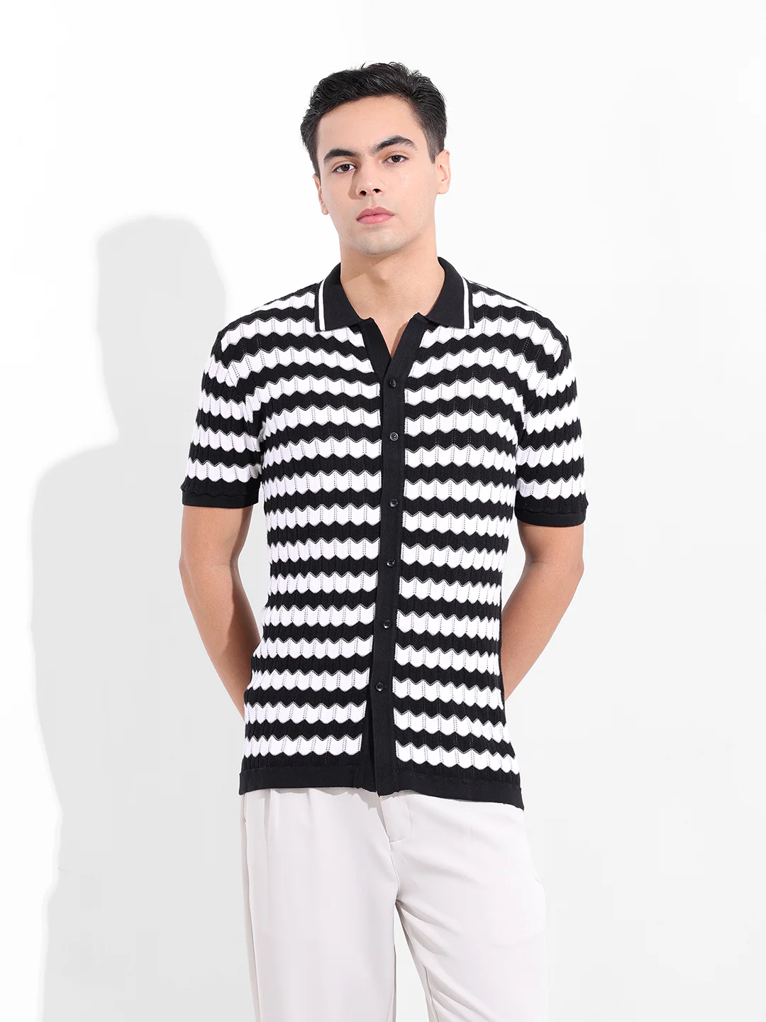 Men's Black Slim Fit Striped Flat Knit Shirt - Image 8