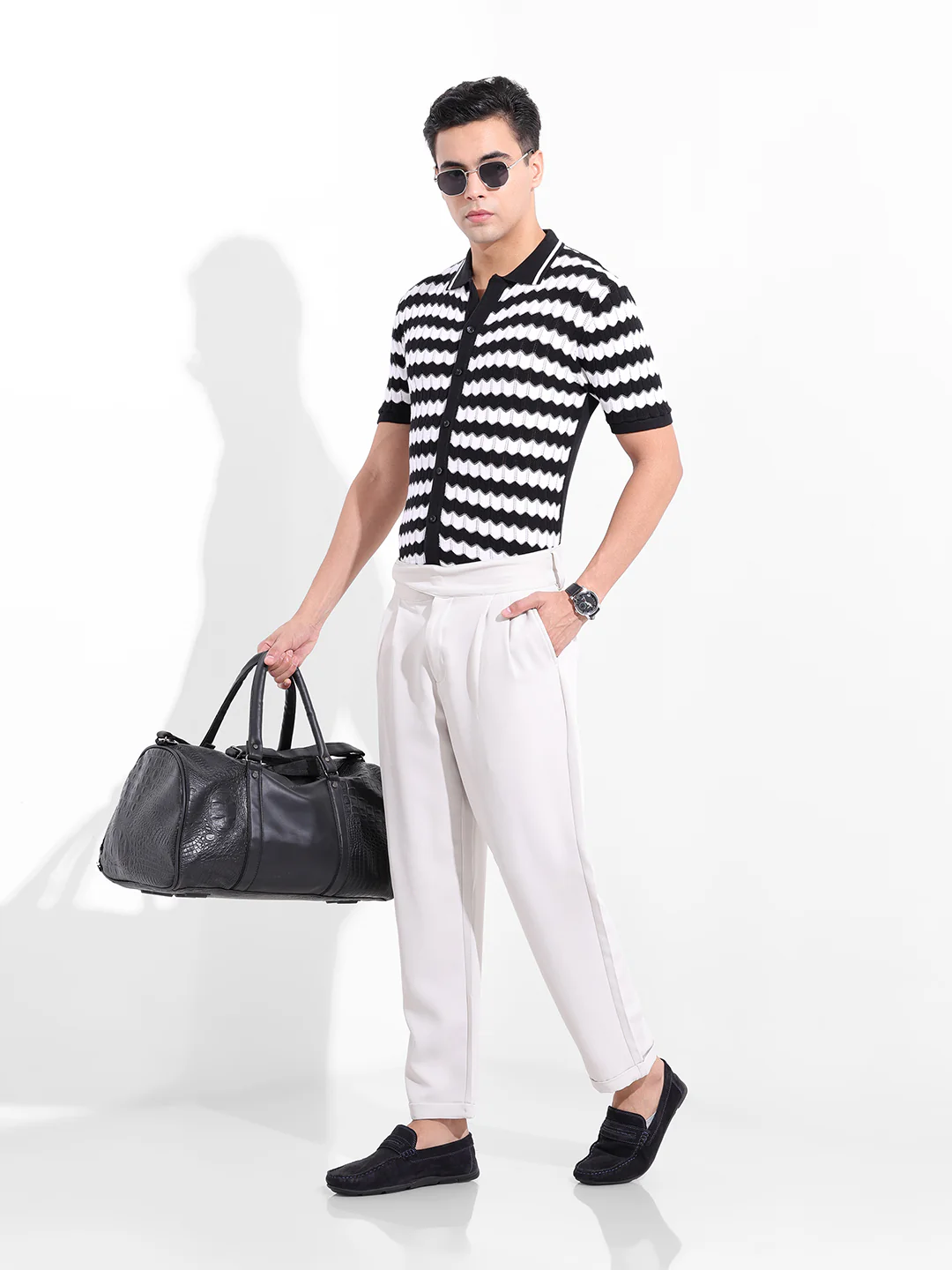 Men's Black Slim Fit Striped Flat Knit Shirt - Image 9