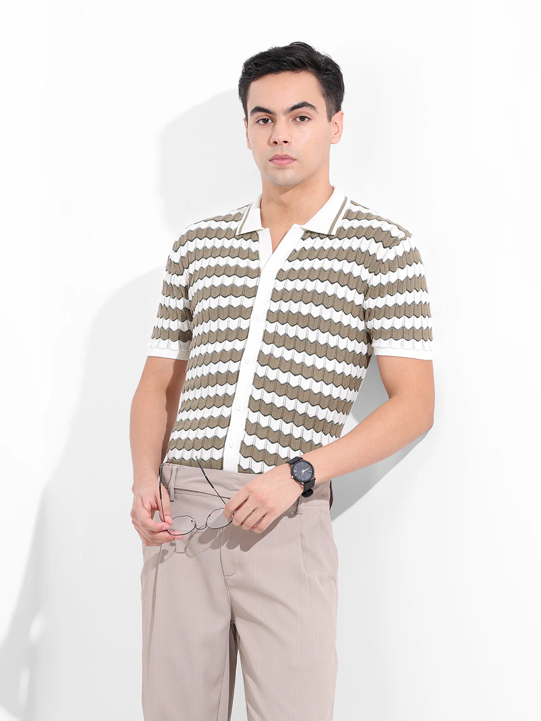 Men's Beige Slim Fit Striped Flat Knit Shirt - Image 2