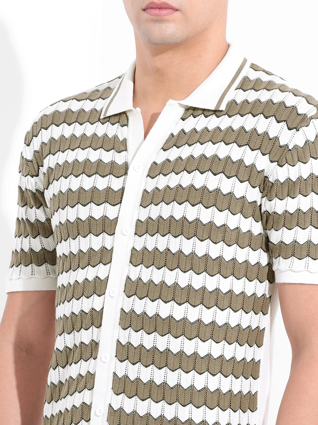 Men's Beige Slim Fit Striped Flat Knit Shirt - Image 3