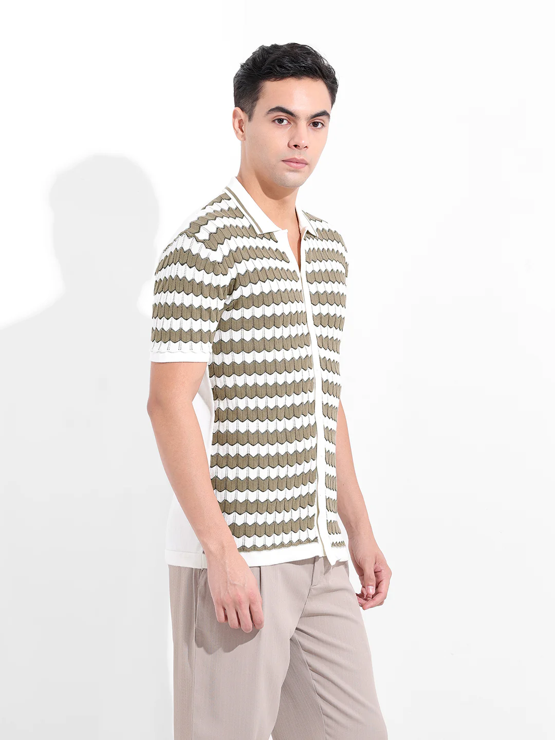 Men's Beige Slim Fit Striped Flat Knit Shirt - Image 5