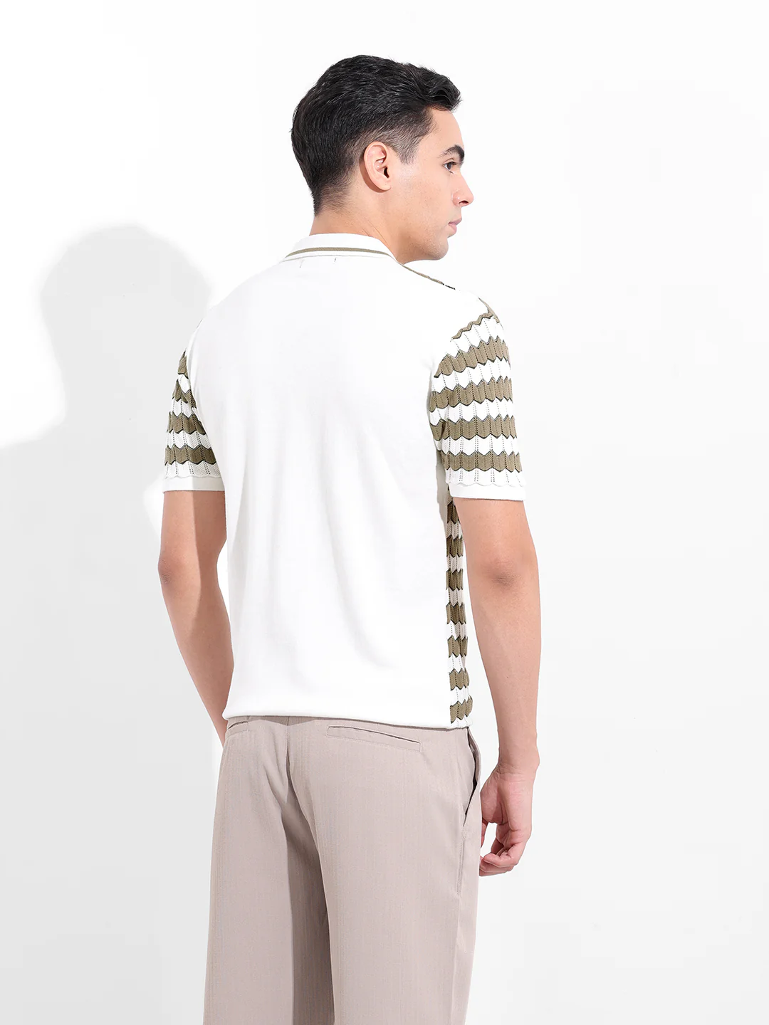Men's Beige Slim Fit Striped Flat Knit Shirt - Image 6