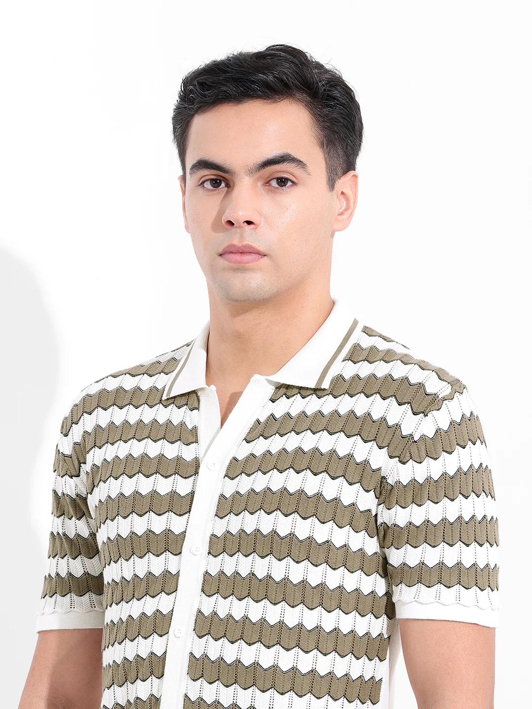 Men's Beige Slim Fit Striped Flat Knit Shirt - Image 7