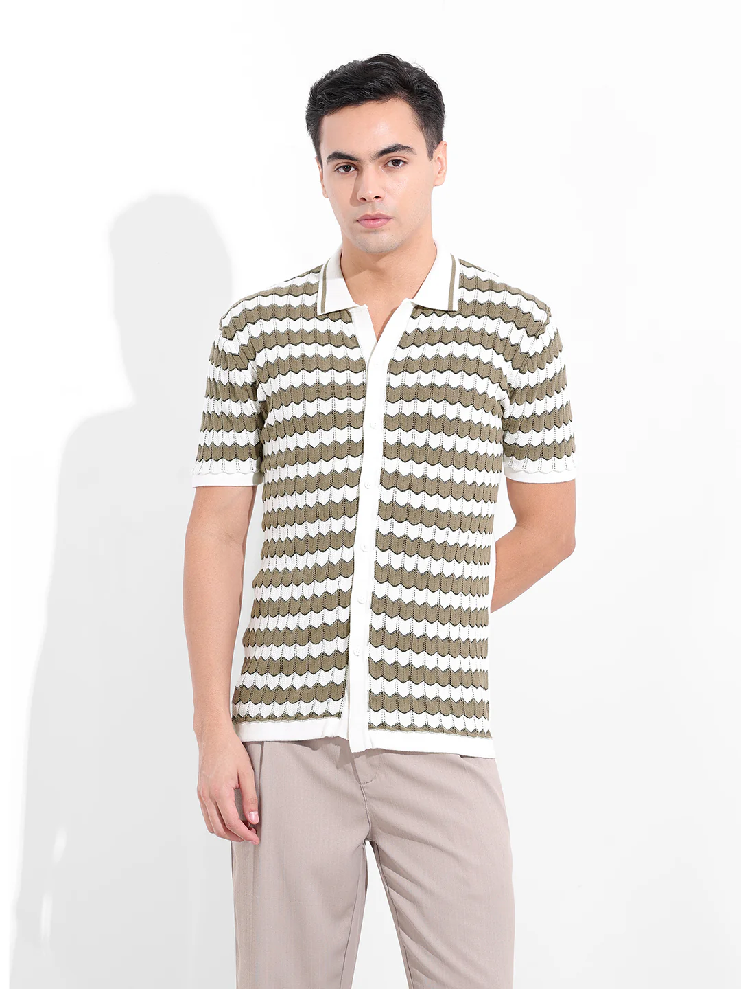 Men's Beige Slim Fit Striped Flat Knit Shirt - Image 8