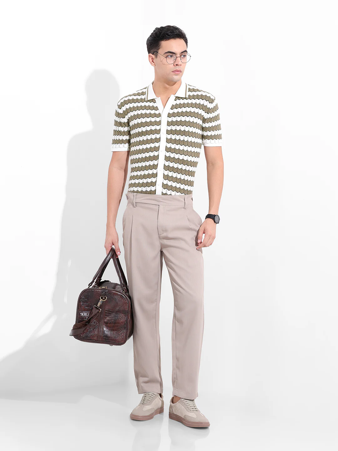 Men's Beige Slim Fit Striped Flat Knit Shirt - Image 9