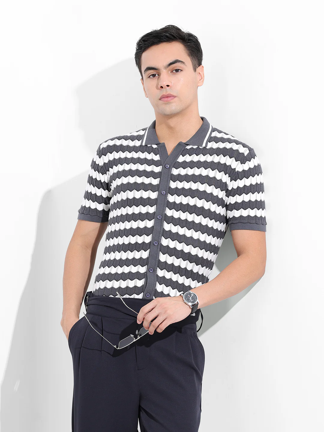 Men's Grey Slim Fit Striped Flat Knit Shirt - Image 2