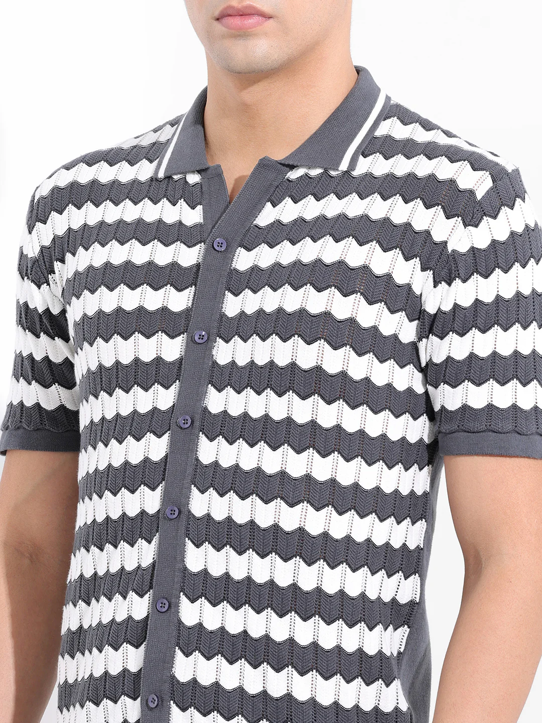 Men's Grey Slim Fit Striped Flat Knit Shirt - Image 3