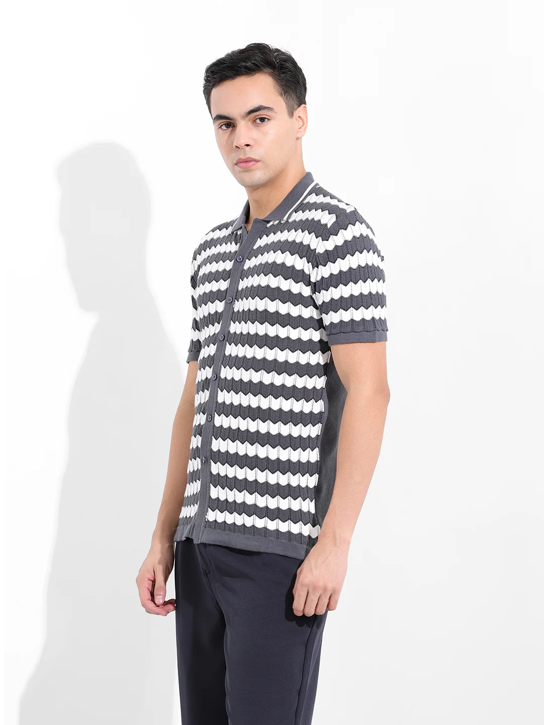 Men's Grey Slim Fit Striped Flat Knit Shirt - Image 4