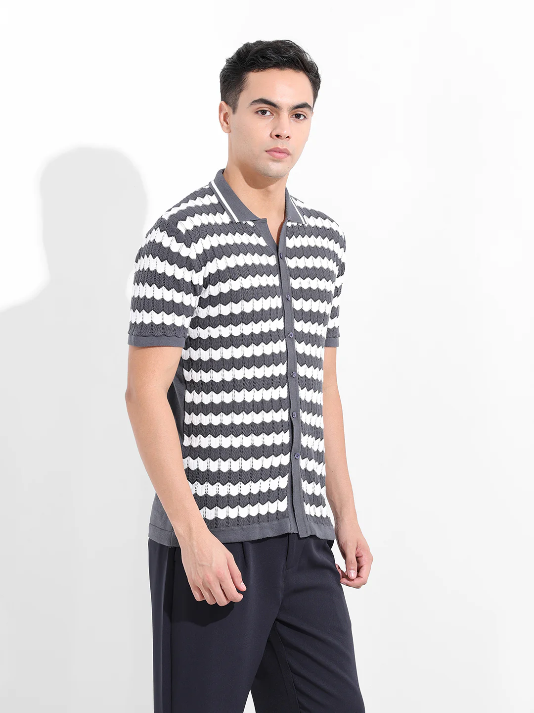 Men's Grey Slim Fit Striped Flat Knit Shirt - Image 5