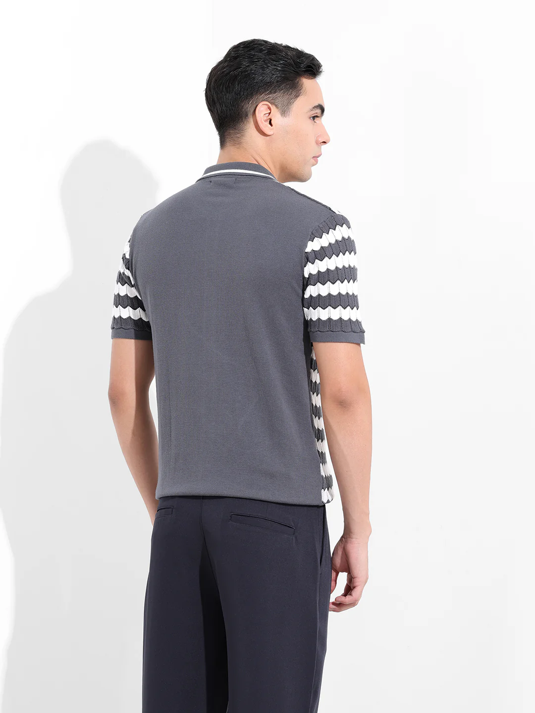 Men's Grey Slim Fit Striped Flat Knit Shirt - Image 6