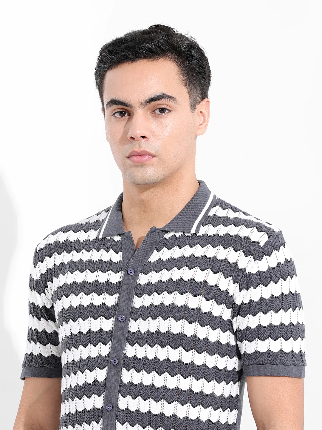 Men's Grey Slim Fit Striped Flat Knit Shirt - Image 7