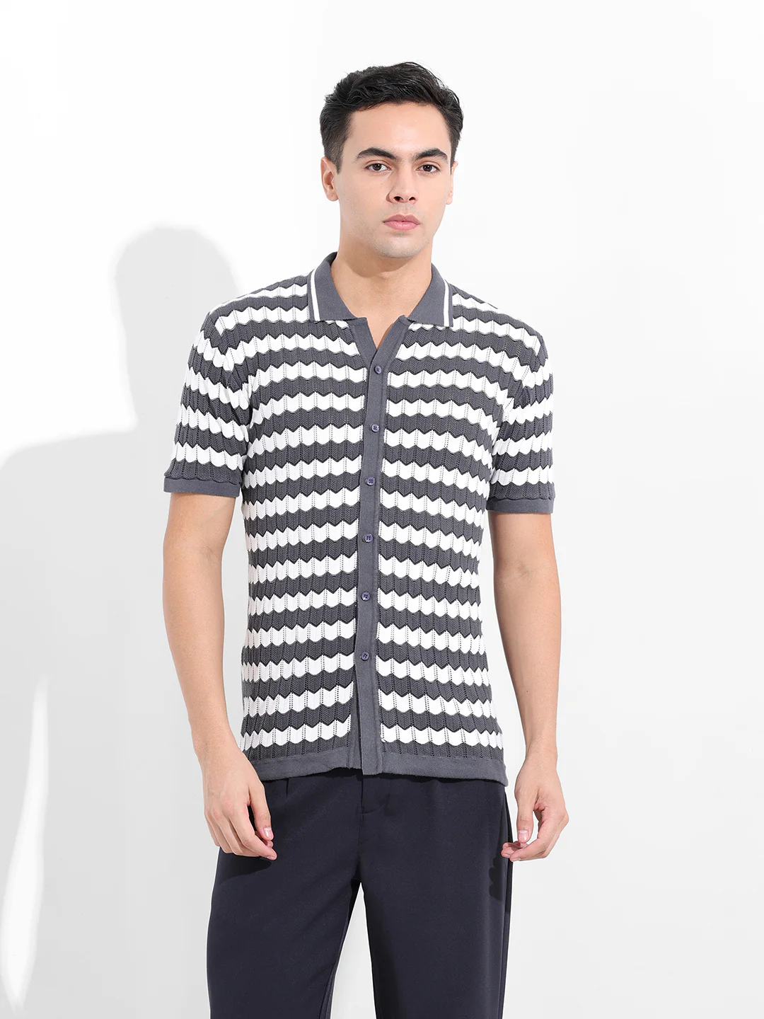 Men's Grey Slim Fit Striped Flat Knit Shirt - Image 8