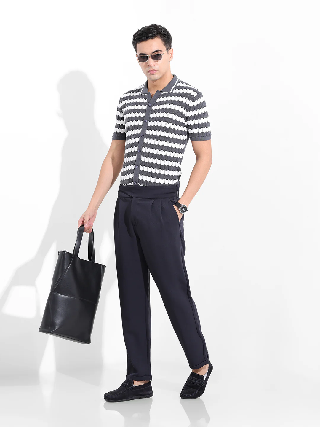 Men's Grey Slim Fit Striped Flat Knit Shirt - Image 9