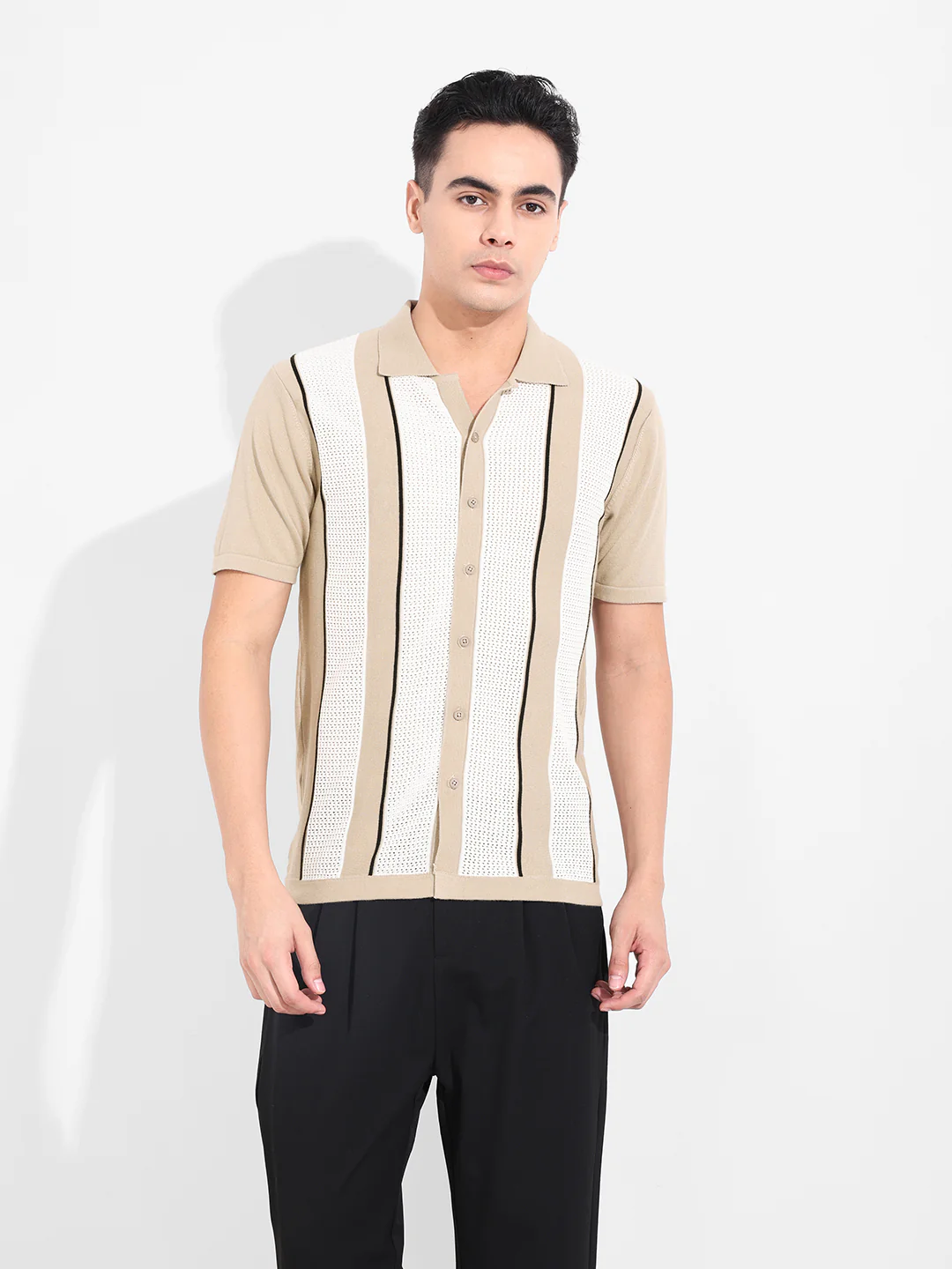 Men's Beige Slim Fit Striped Flat Knit Shirt - Image 2
