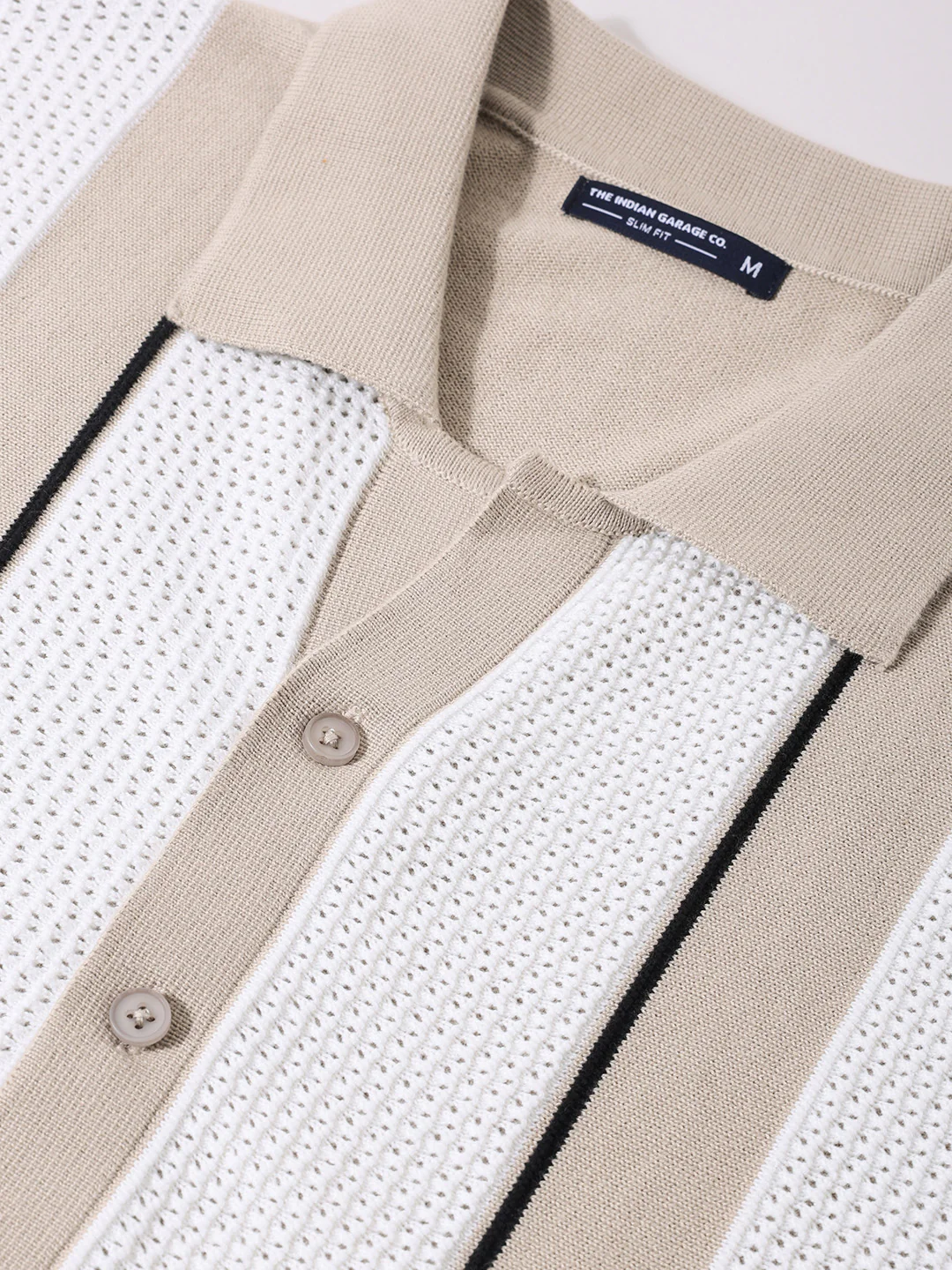 Men's Beige Slim Fit Striped Flat Knit Shirt - Image 3