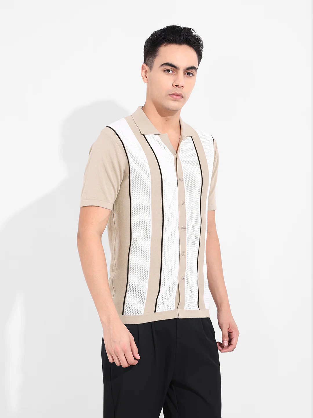 Men's Beige Slim Fit Striped Flat Knit Shirt - Image 4