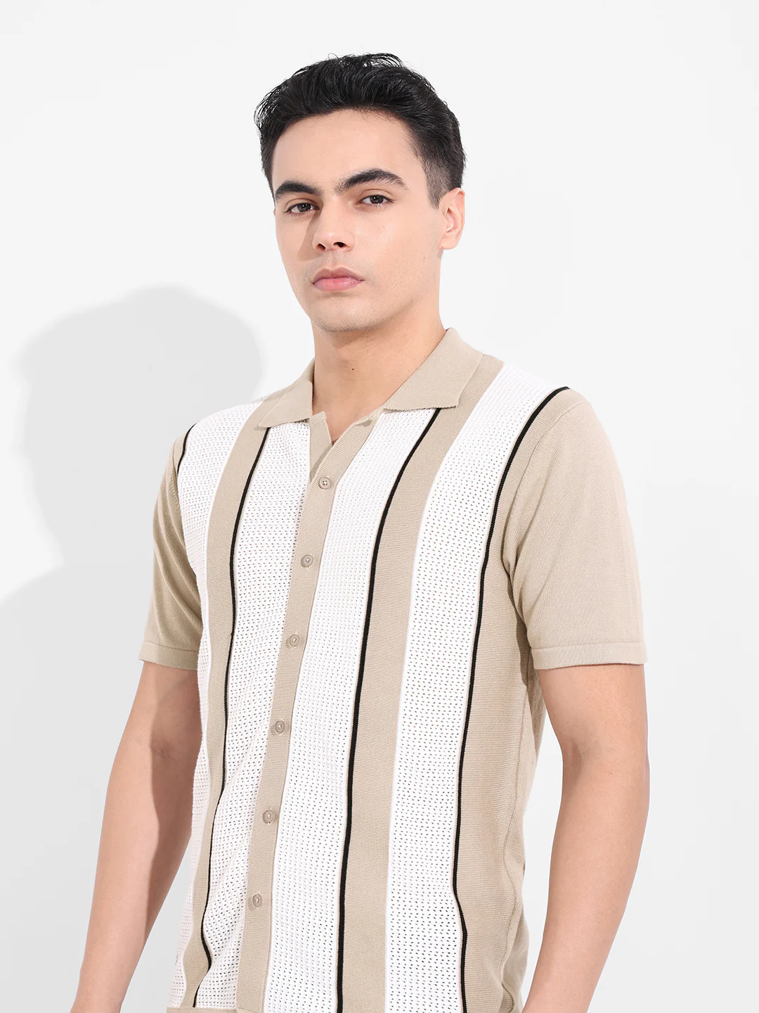 Men's Beige Slim Fit Striped Flat Knit Shirt - Image 5