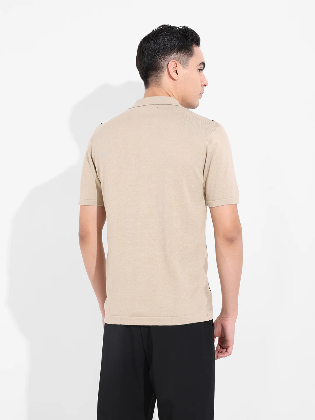 Men's Beige Slim Fit Striped Flat Knit Shirt - Image 6