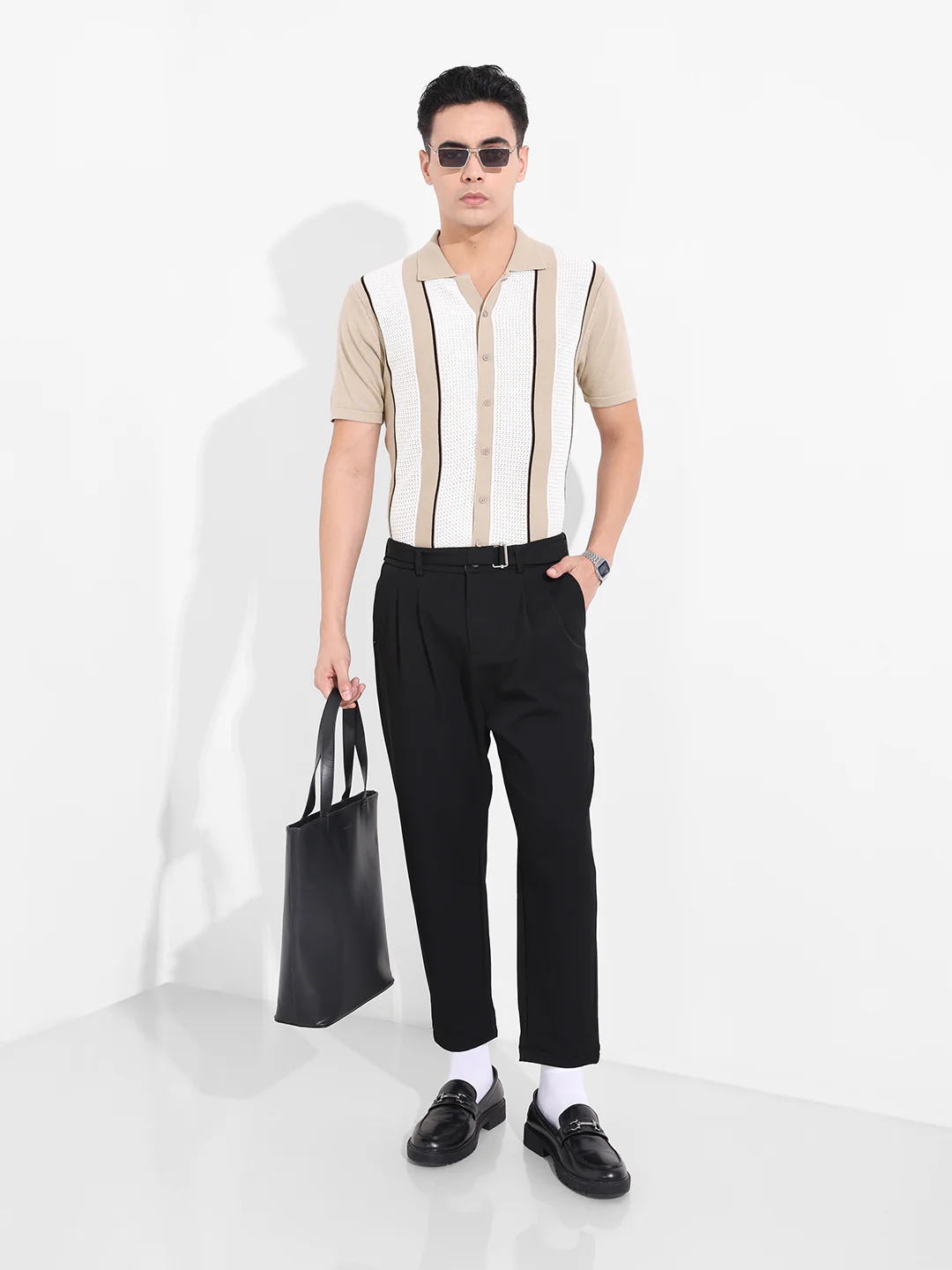 Men's Beige Slim Fit Striped Flat Knit Shirt - Image 7